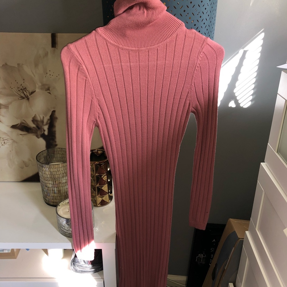Long turtle neck dress with a slit on the bottom.